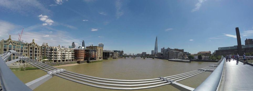 View from Millennium Bridge towards The Shard and Tower Bridge on a beautiful sunny day in London, England