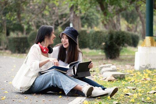 Two happy students sitting and talking each other in a campus at the park