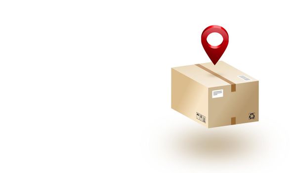 A parcel box and a red position pin isolate white background. illustration.