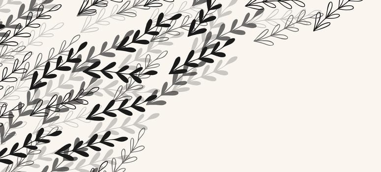 Floral web banner with drawn grey exotic leaves. Nature concept design. Modern floral compositions with summer branches. Vector illustration on the theme of ecology, natura, environment.