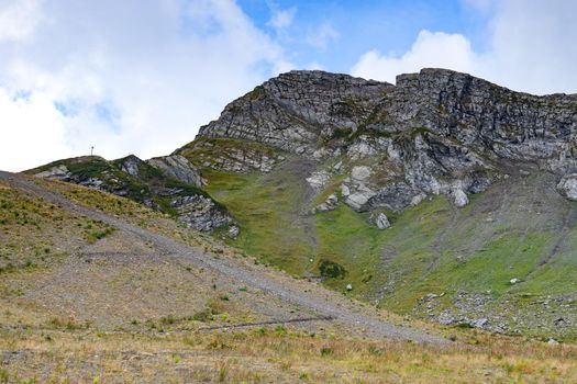 Sochi, Russia. mountain landscape with rocky slopes and the cable car in Krasnaya Polyana.