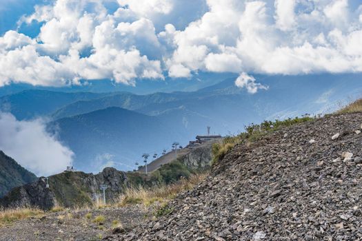 Sochi, Russia. mountain landscape with rocky slopes and the cable car in Krasnaya Polyana.