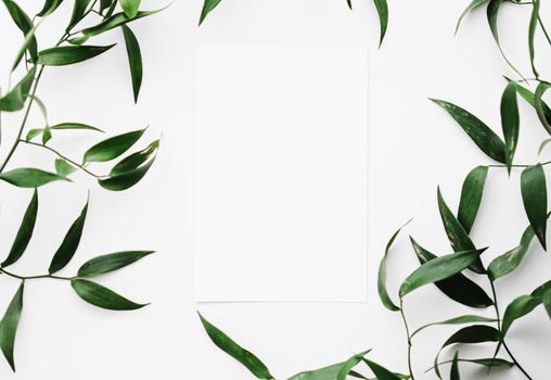 Blank white card, green leaves on white background as botanical frame flatlay, wedding invitation and holiday branding, flat lay design concept