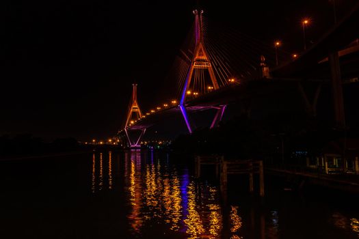 Samutprakan, thailand -  jun, 2019 : Twilight scenes of The Bhumibol Bridge,also known as the Industrial Ring Road Bridge is part of the 13 km . The bridge crosses the Chao Phraya River twice.