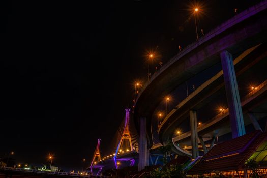 Samutprakan, thailand -  jun, 2019 : Twilight scenes of The Bhumibol Bridge,also known as the Industrial Ring Road Bridge is part of the 13 km . The bridge crosses the Chao Phraya River twice.