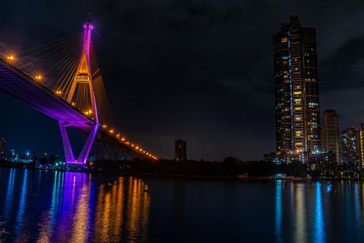 Samutprakan, thailand -  jun, 2019 : Twilight scenes of The Bhumibol Bridge,also known as the Industrial Ring Road Bridge is part of the 13 km . The bridge crosses the Chao Phraya River twice.