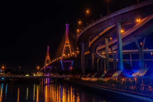 Samutprakan, thailand -  jun, 2019 : Twilight scenes of The Bhumibol Bridge,also known as the Industrial Ring Road Bridge is part of the 13 km . The bridge crosses the Chao Phraya River twice.