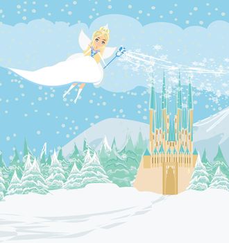 beautiful Little Winter fairy flies over the castle