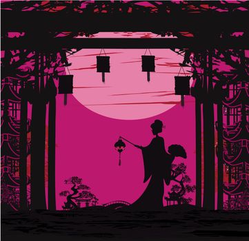 Geisha silhouette at sunset - decorative card