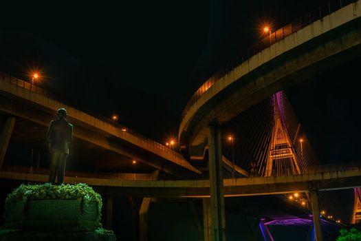 Samutprakan, thailand -  jun, 2019 : Twilight scenes of The Bhumibol Bridge,also known as the Industrial Ring Road Bridge is part of the 13 km . The bridge crosses the Chao Phraya River twice.