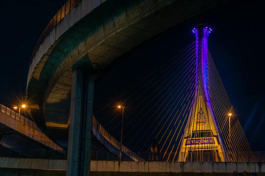 Samutprakan, thailand -  jun, 2019 : Twilight scenes of The Bhumibol Bridge,also known as the Industrial Ring Road Bridge is part of the 13 km . The bridge crosses the Chao Phraya River twice.
