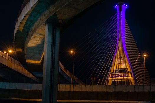 Samutprakan, thailand -  jun, 2019 : Twilight scenes of The Bhumibol Bridge,also known as the Industrial Ring Road Bridge is part of the 13 km . The bridge crosses the Chao Phraya River twice.
