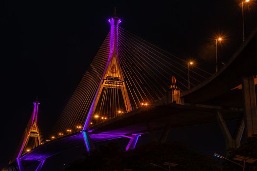 Samutprakan, thailand -  jun, 2019 : Twilight scenes of The Bhumibol Bridge,also known as the Industrial Ring Road Bridge is part of the 13 km . The bridge crosses the Chao Phraya River twice.