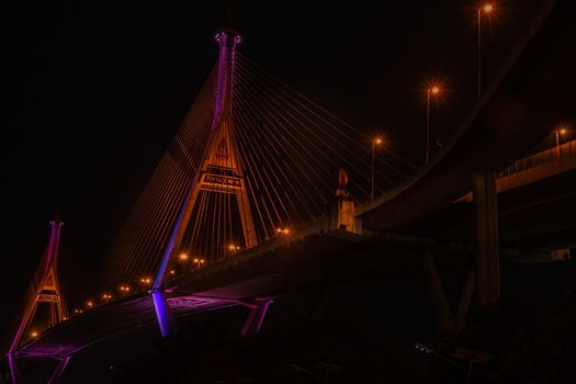 Samutprakan, thailand -  jun, 2019 : Twilight scenes of The Bhumibol Bridge,also known as the Industrial Ring Road Bridge is part of the 13 km . The bridge crosses the Chao Phraya River twice.
