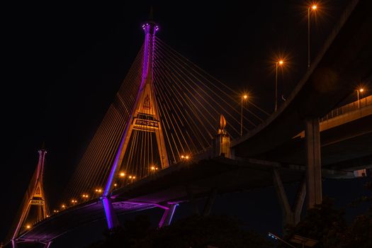 Samutprakan, thailand -  jun, 2019 : Twilight scenes of The Bhumibol Bridge,also known as the Industrial Ring Road Bridge is part of the 13 km . The bridge crosses the Chao Phraya River twice.