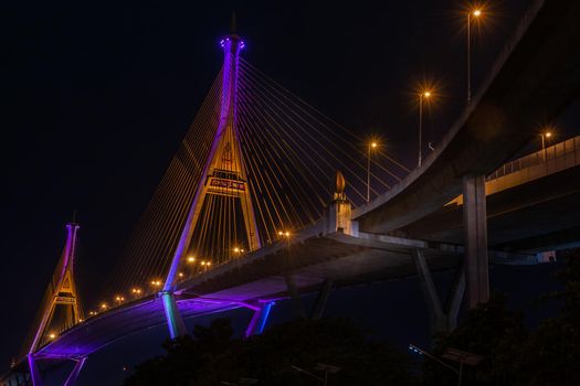 Samutprakan, thailand -  jun, 2019 : Twilight scenes of The Bhumibol Bridge,also known as the Industrial Ring Road Bridge is part of the 13 km . The bridge crosses the Chao Phraya River twice.