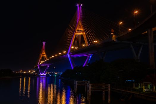 Samutprakan, thailand -  jun, 2019 : Twilight scenes of The Bhumibol Bridge,also known as the Industrial Ring Road Bridge is part of the 13 km . The bridge crosses the Chao Phraya River twice.