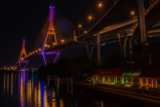 Samutprakan, thailand -  jun, 2019 : Twilight scenes of The Bhumibol Bridge,also known as the Industrial Ring Road Bridge is part of the 13 km . The bridge crosses the Chao Phraya River twice.