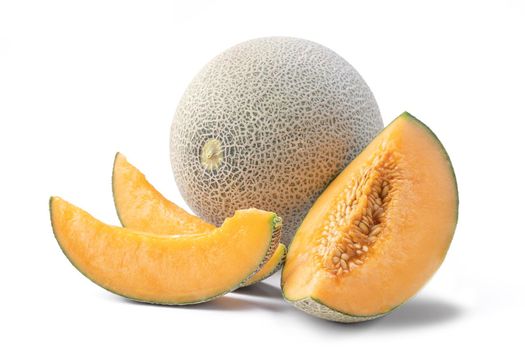 Close up of beautiful tasty sliced juicy cantaloupe melon, muskmelon, rock melon isolated on white background.