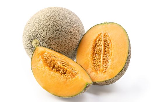 Close up of beautiful tasty sliced juicy cantaloupe melon, muskmelon, rock melon isolated on white background.