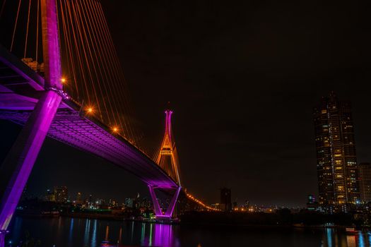 Samutprakan, thailand -  jun, 2019 : Twilight scenes of The Bhumibol Bridge,also known as the Industrial Ring Road Bridge is part of the 13 km . The bridge crosses the Chao Phraya River twice.