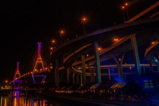 Samutprakan, thailand -  jun, 2019 : Twilight scenes of The Bhumibol Bridge,also known as the Industrial Ring Road Bridge is part of the 13 km . The bridge crosses the Chao Phraya River twice.