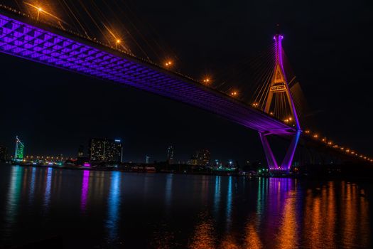 Samutprakan, thailand -  jun, 2019 : Twilight scenes of The Bhumibol Bridge,also known as the Industrial Ring Road Bridge is part of the 13 km . The bridge crosses the Chao Phraya River twice.