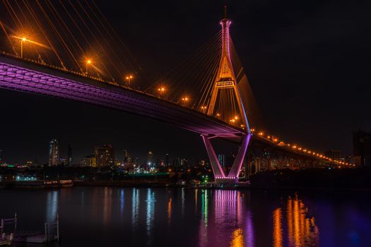 Samutprakan, thailand -  jun, 2019 : Twilight scenes of The Bhumibol Bridge,also known as the Industrial Ring Road Bridge is part of the 13 km . The bridge crosses the Chao Phraya River twice.