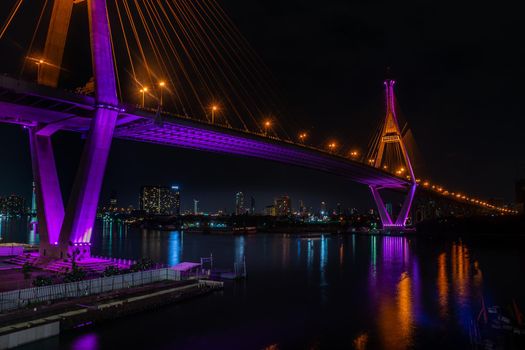 Samutprakan, thailand -  jun, 2019 : Twilight scenes of The Bhumibol Bridge,also known as the Industrial Ring Road Bridge is part of the 13 km . The bridge crosses the Chao Phraya River twice.