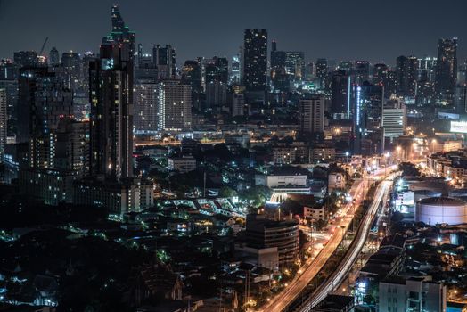 Bangkok, thailand - Oct 18, 2019 : Sky view of Bangkok with skyscrapers in the business district in Bangkok In the night beautiful twilight give the city a modern style.