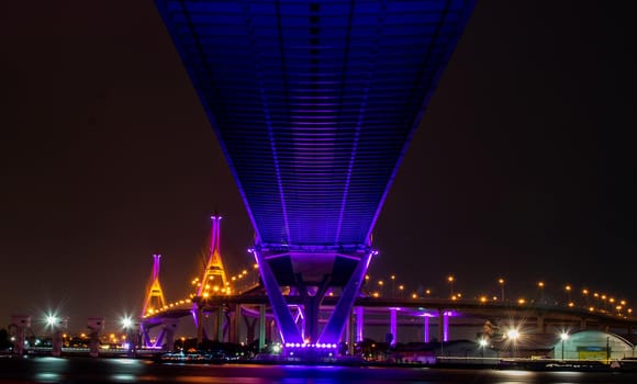 Bangkok, thailand -27 Oct, 2019 : Twilight scenes of The Bhumibol Bridge,also known as the Industrial Ring Road Bridge is part of the 13 km . The bridge crosses the Chao Phraya River twice.