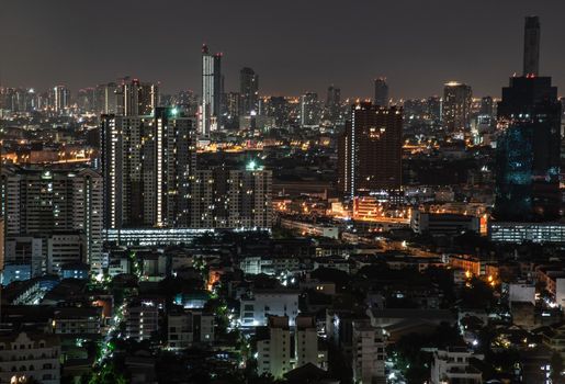 Bangkok, thailand - Oct 18, 2019 : Sky view of Bangkok with skyscrapers in the business district in Bangkok In the night beautiful twilight give the city a modern style.