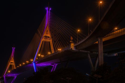 Samutprakan, thailand -  jun, 2019 : Twilight scenes of The Bhumibol Bridge,also known as the Industrial Ring Road Bridge is part of the 13 km . The bridge crosses the Chao Phraya River twice.