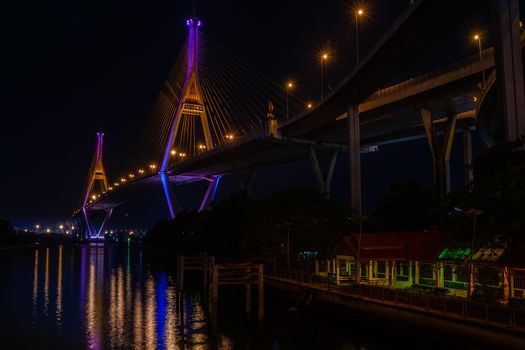 Samutprakan, thailand -  jun, 2019 : Twilight scenes of The Bhumibol Bridge,also known as the Industrial Ring Road Bridge is part of the 13 km . The bridge crosses the Chao Phraya River twice.