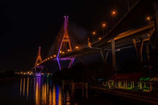 Samutprakan, thailand -  jun, 2019 : Twilight scenes of The Bhumibol Bridge,also known as the Industrial Ring Road Bridge is part of the 13 km . The bridge crosses the Chao Phraya River twice.