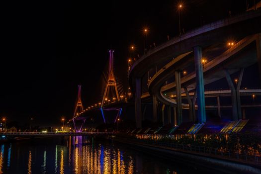 Samutprakan, thailand -  jun, 2019 : Twilight scenes of The Bhumibol Bridge,also known as the Industrial Ring Road Bridge is part of the 13 km . The bridge crosses the Chao Phraya River twice.