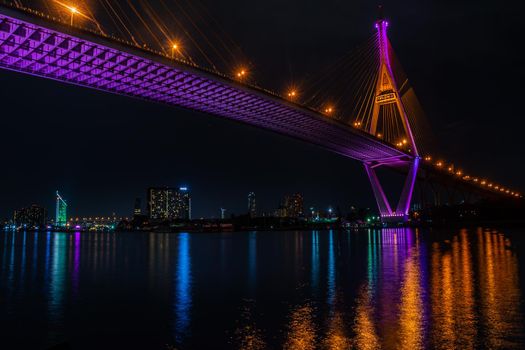 Samutprakan, thailand -  jun, 2019 : Twilight scenes of The Bhumibol Bridge,also known as the Industrial Ring Road Bridge is part of the 13 km . The bridge crosses the Chao Phraya River twice.