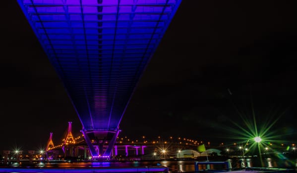 Bangkok, thailand -27 Oct, 2019 : Twilight scenes of The Bhumibol Bridge,also known as the Industrial Ring Road Bridge is part of the 13 km . The bridge crosses the Chao Phraya River twice.