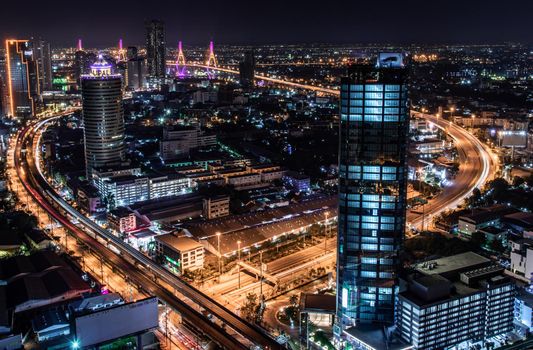 Bangkok, thailand - Nov 23, 2019 : Bangkok cityscape. Bangkok downtown at night view in the business district, Beautiful twilight give the city a modern style.
