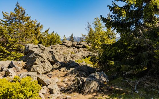 Giant rocks next to mountain trail in Jizera mountains