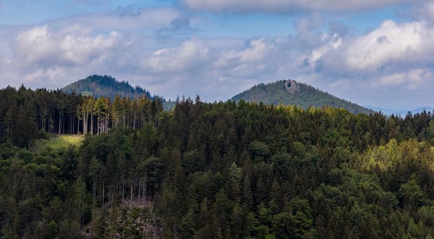 Panorama of Rudawy Janowickie mountains full of high trees at sunny day