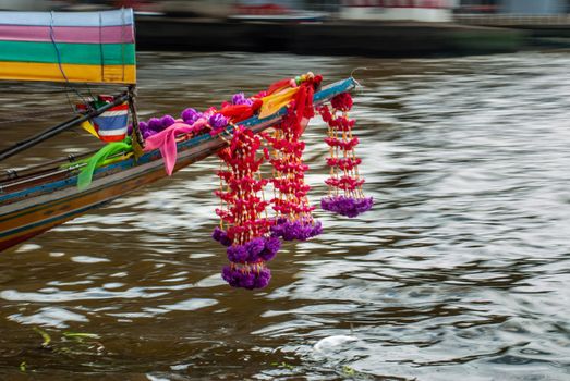Bangkok, Thailand - 21 Jul 2019 : In front of the passenger ferryboat on the Chao Phraya River. Partial view, copy space.