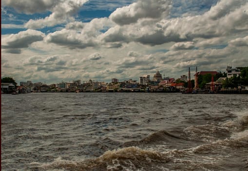 Bangkok, Thailand - 21 Jul 2019 : A view of the bank of Bangkok's Chao Phraya River showing the several tall buildings in the beautiful skyline.