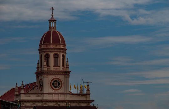 Bangkok, thailand 21 Jul, 2019 : Beautiful crimson dome of Santa Cruz Church towers. Santa Cruz Church also known as Kudi Chin, one of the many old Catholic churches in Bangkok, was built in 1770.
