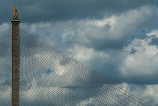 Bangkok, thailand 21 Jul, 2019 : Rama VIII bridge, Rope Bridge across the Chao Phraya River of view blue sky is background. crossing the bridge.