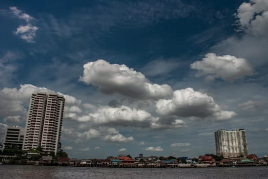 Bangkok, Thailand - 21 Jul 2019 : Bangkok skyscrapers along the Chao phraya make it a beautiful city, cloudy day.