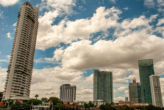 Bangkok, Thailand - 21 Jul 2019: Bangkok skyscrapers along the Chao phraya make it a beautiful city.