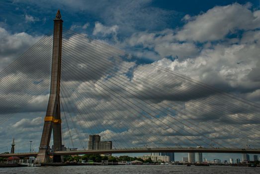 Bangkok, thailand 21 Jul, 2019 : Rama Rama VIII bridge, Rope Bridge across the Chao Phraya River of view blue sky is background and Cityscape of Bangkok.