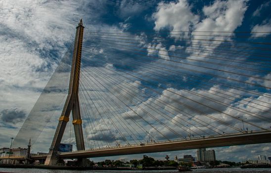 Bangkok, thailand 21 Jul, 2019 : Rama Rama VIII bridge, Rope Bridge across the Chao Phraya River, A tall V-shape pylon tower with view blue sky is background and Cityscape of Bangkok.