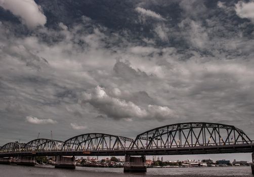 Bangkok, thailand 21 Jul, 2019 : A great scenery Afternoon view of the Phra Phuttha Yodfa Bridge (Memorial Bridge). Vintage Style.